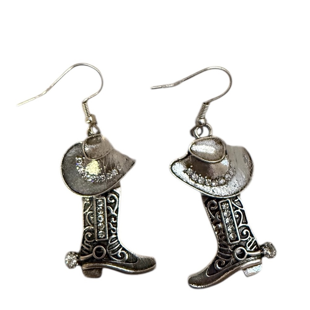 Silver Cowboy Boot and Hat Earrings - Picture 2 of 2